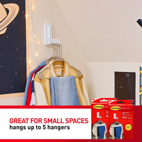 Command folding clothes hanger extended arm provides about 12 inches of hanging space.