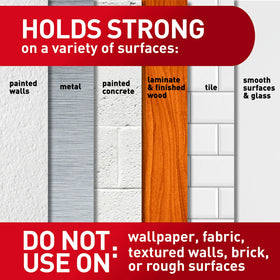 Strips on a smooth wall enable quick dorm room decor without nails.