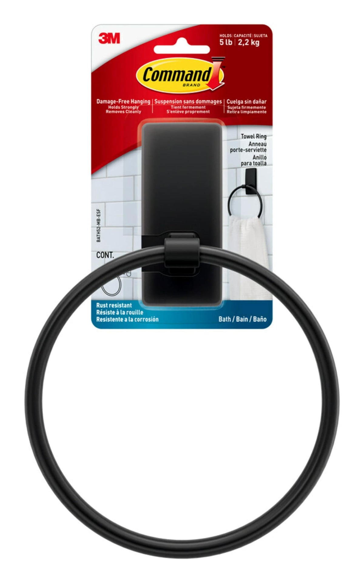 Command hand towel holder matte black on wall mount for easy towel access.