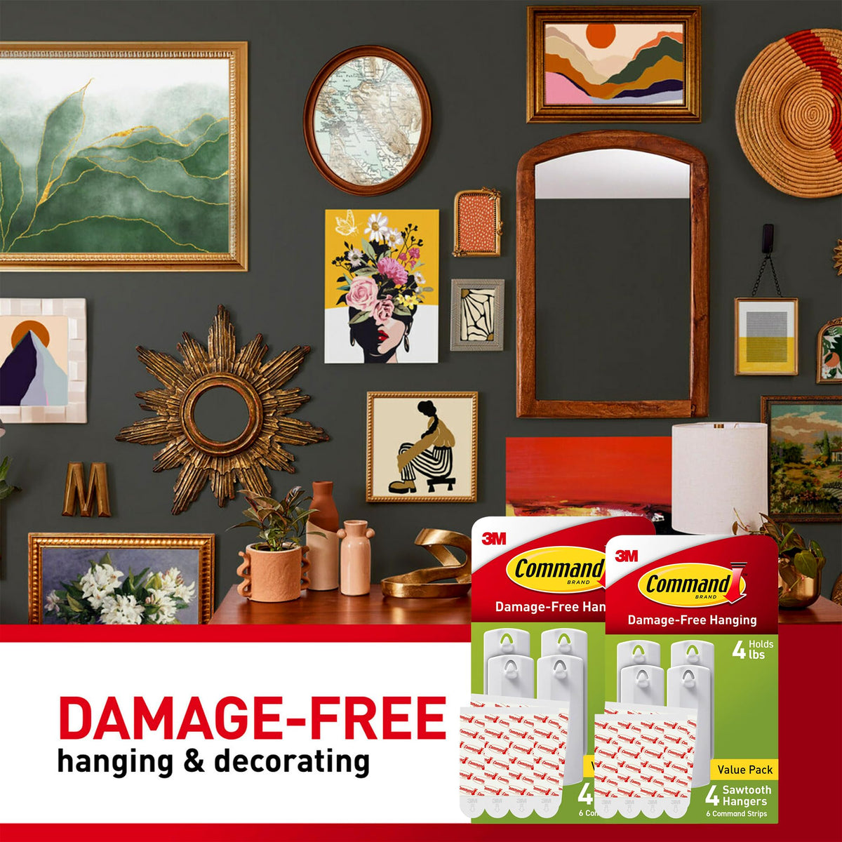 Command no-tools-required hanging system for quick, flexible wall decor.