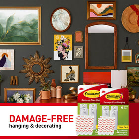 Command no-tools-required hanging system for quick, flexible wall decor.
