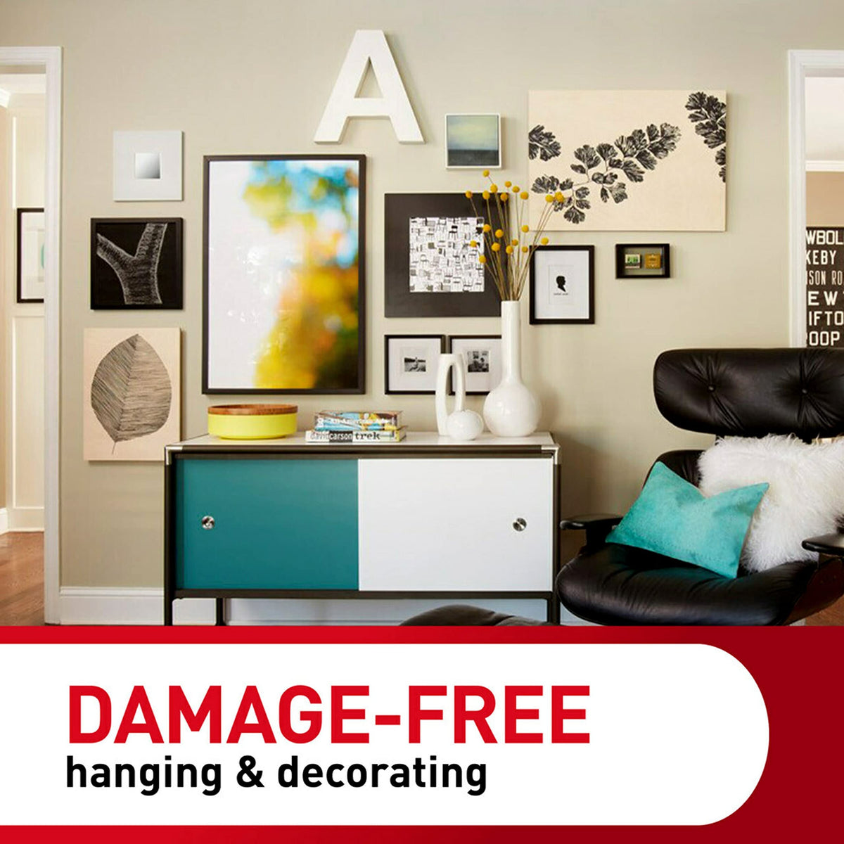 Wooden letters hung securely with Command strips for decorative display.