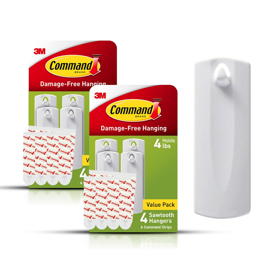 Command sawtooth picture hangers 8 white keep frames securely hung without wall damage.
