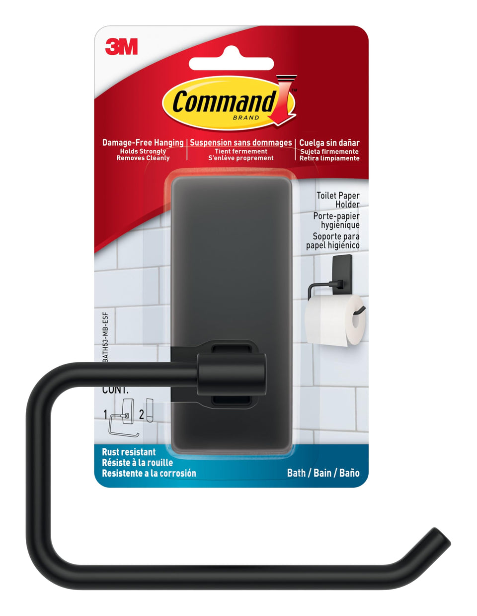 Command toilet paper holder matte black close-up shows sleek finish and easy installation.
