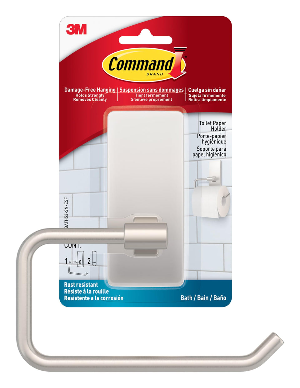 Command toilet paper holder wall mount with satin nickel finish and easy installation.