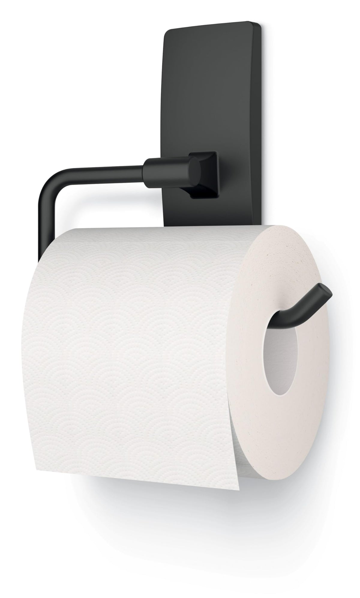 Command toilet paper holder on painted wood surface shows surface compatibility.