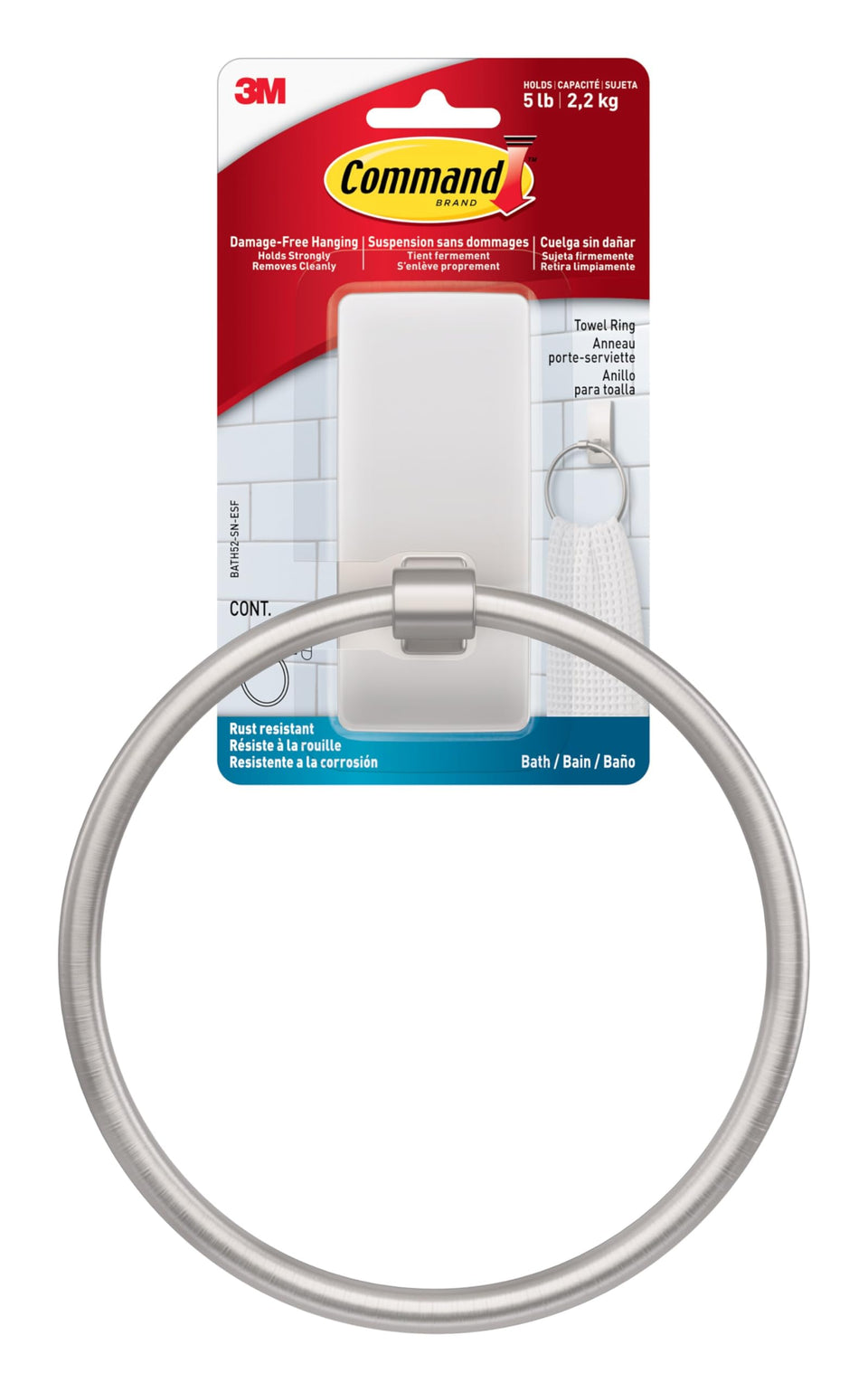 Command towel holder satin nickel closeup showing sleek, durable finish.