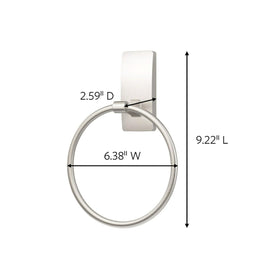 Command towel holder satin nickel installed on tile wall for easy reach.