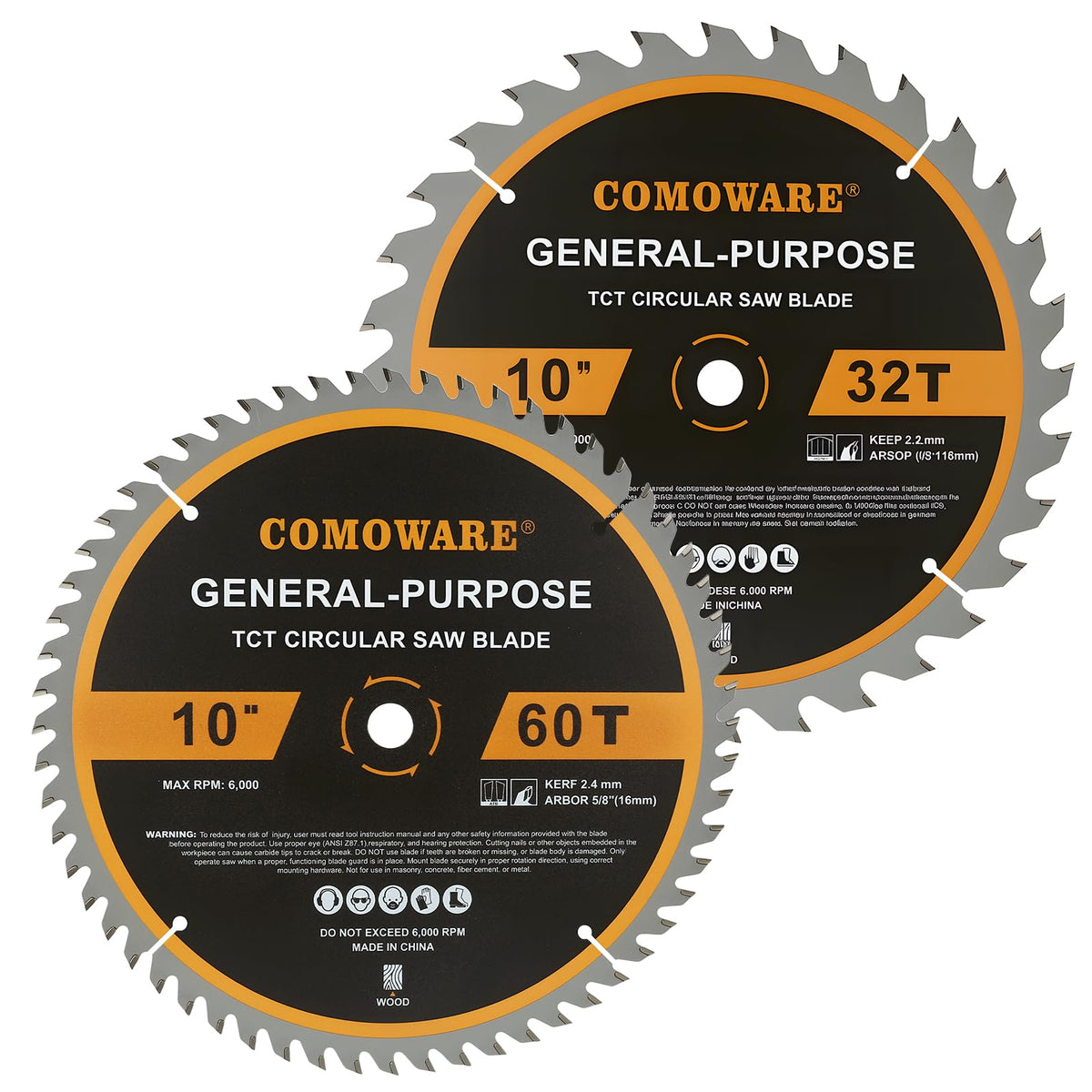 COMOWARE 10-inch blade with 32t carbide teeth delivers precise wood cuts.
