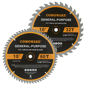 COMOWARE 10-inch blade with 32t carbide teeth delivers precise wood cuts.