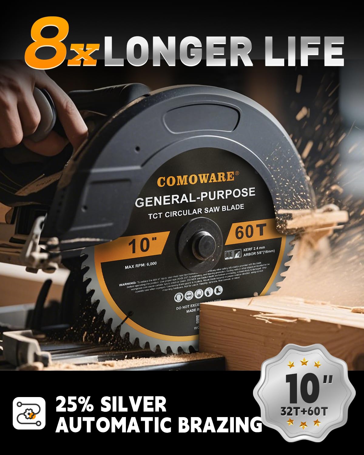 COMOWARE 10-inch blade with 5-8-arbor ensures stable universal mounting.