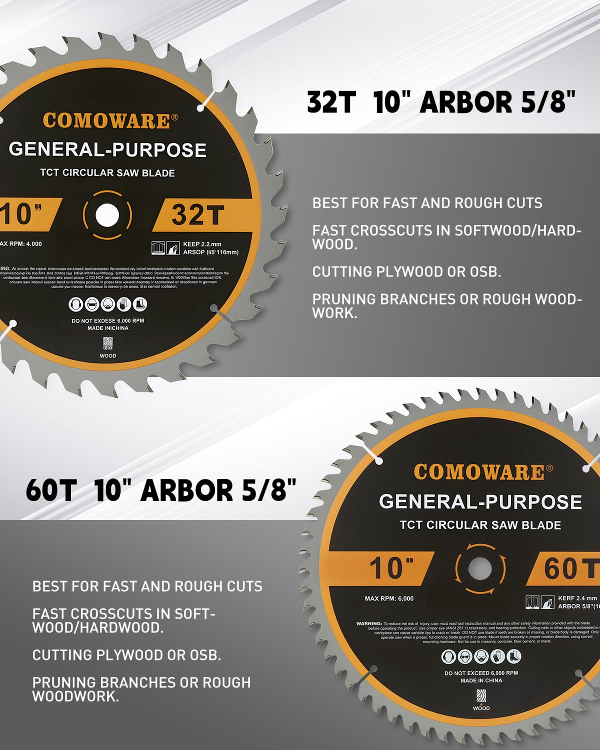 COMOWARE 10-inch blade with 60t carbide teeth enables faster, smoother crosscuts.