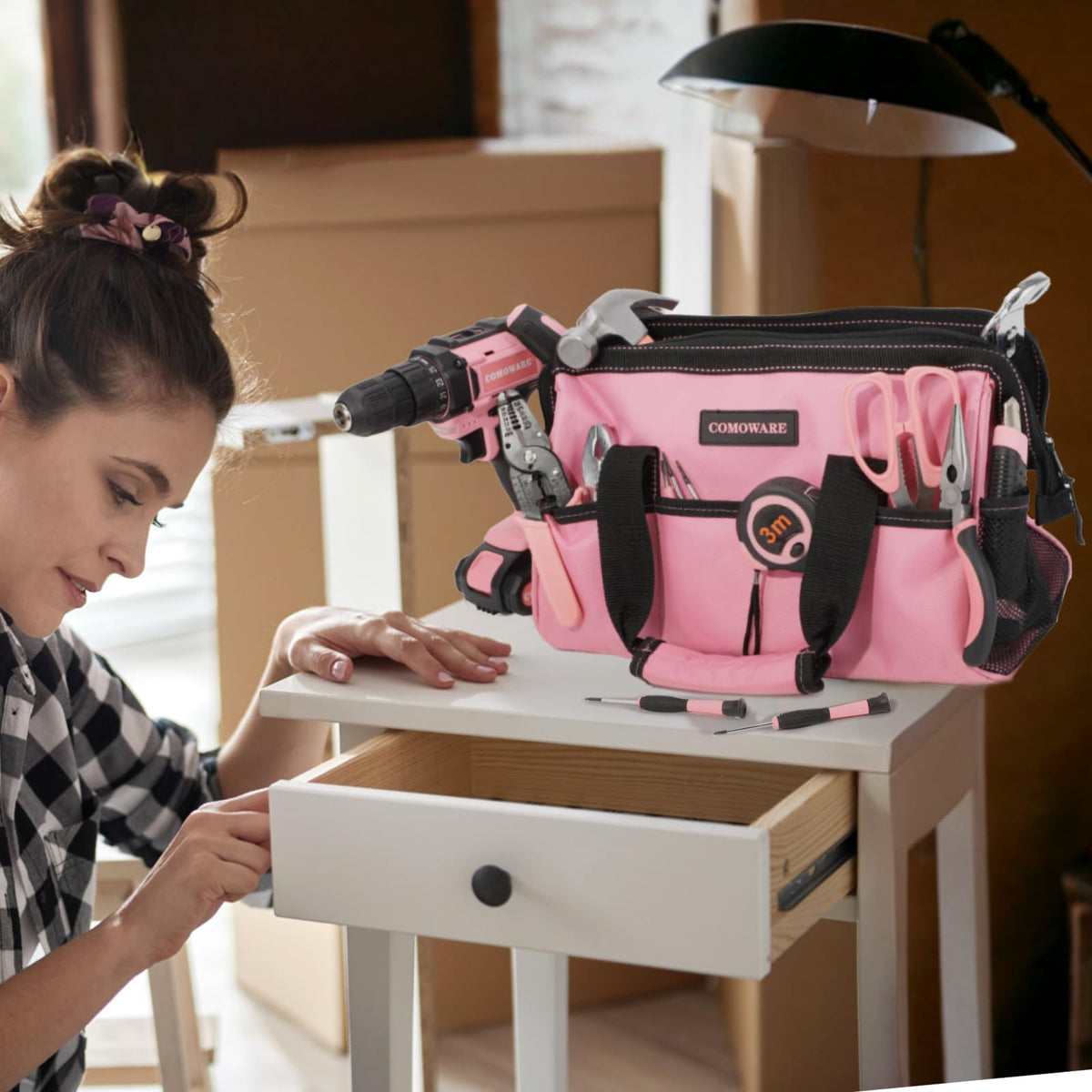 COMOWARE pink tool bag portable tote for home and job sites