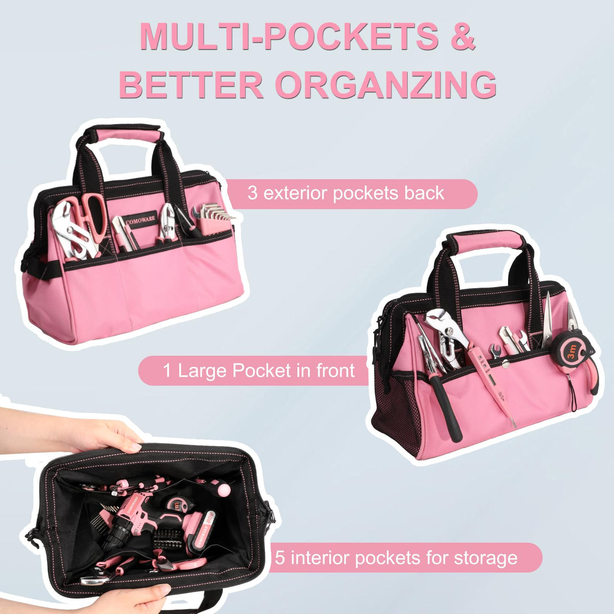 COMOWARE bag opened wide to reveal internal frame and sturdy zippers