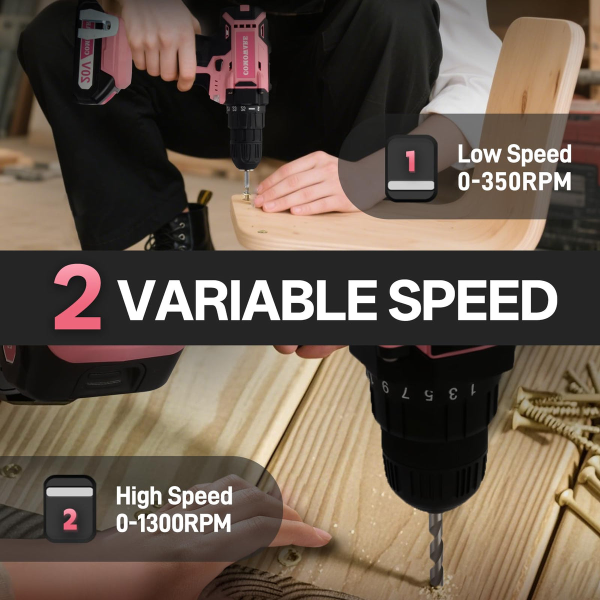 COMOWARE 2-speed drill handles drilling and screw driving precisely