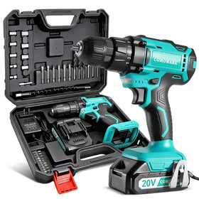 COMOWARE 20V cordless drill with battery and charger ready for DIY projects.