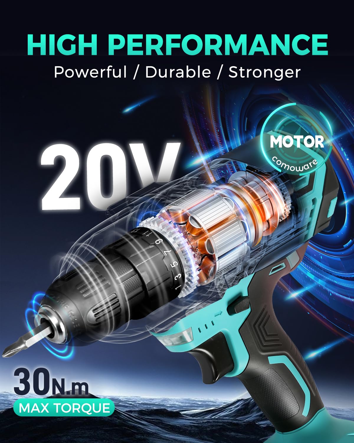 COMOWARE 20V drill with 3/8-inch keyless chuck for versatile bit use.