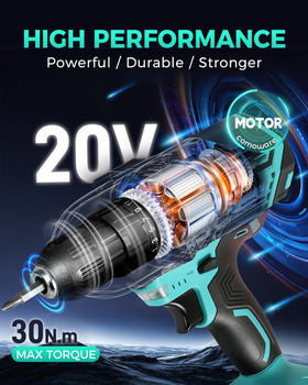 COMOWARE 20V drill with 3/8-inch keyless chuck for versatile bit use.