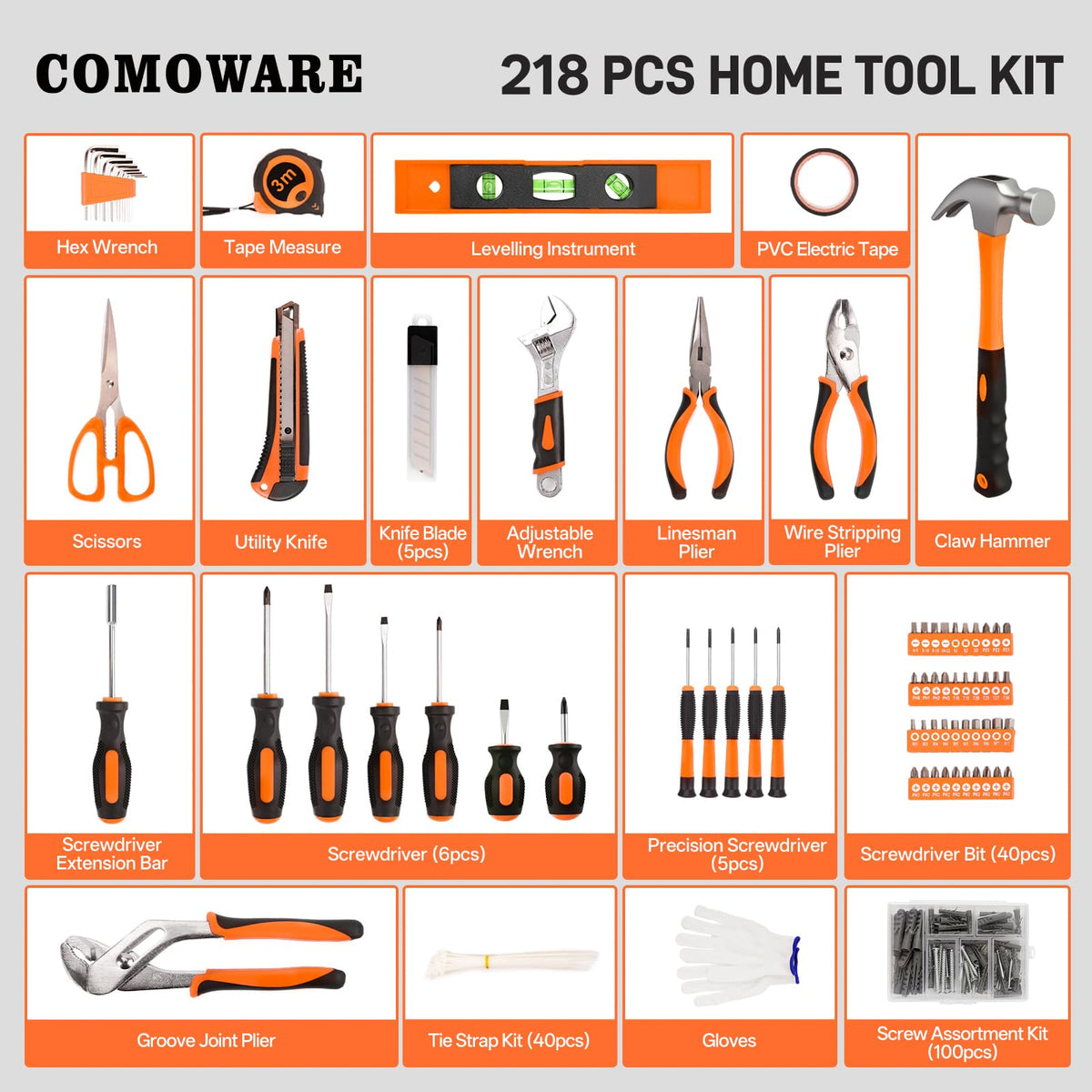 COMOWARE 218 Pcs Tool Kit case open showing organized tools.