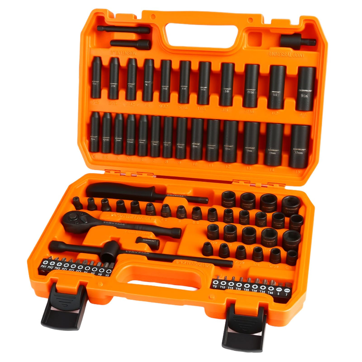 COMOWARE 83pcs 1/4 drive socket set with quick-release ratchet for fast fastening tasks