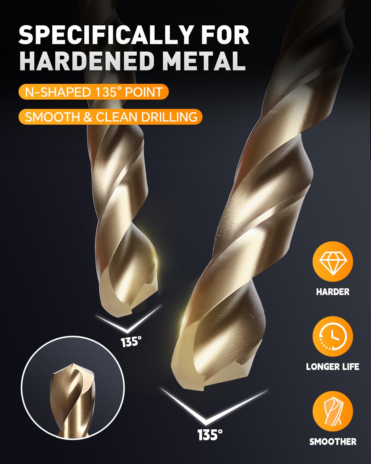 COMOWARE cobalt HSS drill bit with 135-degree split point for precise starts.