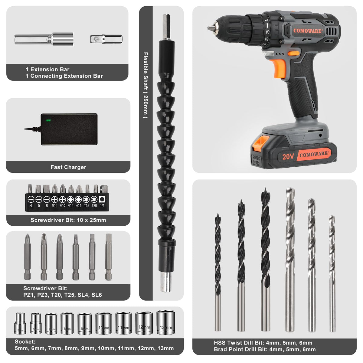 COMOWARE cordless drill set battery and charger close-up for quick recharges.