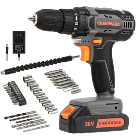 COMOWARE cordless drill set front view, 20V power for versatile home projects.