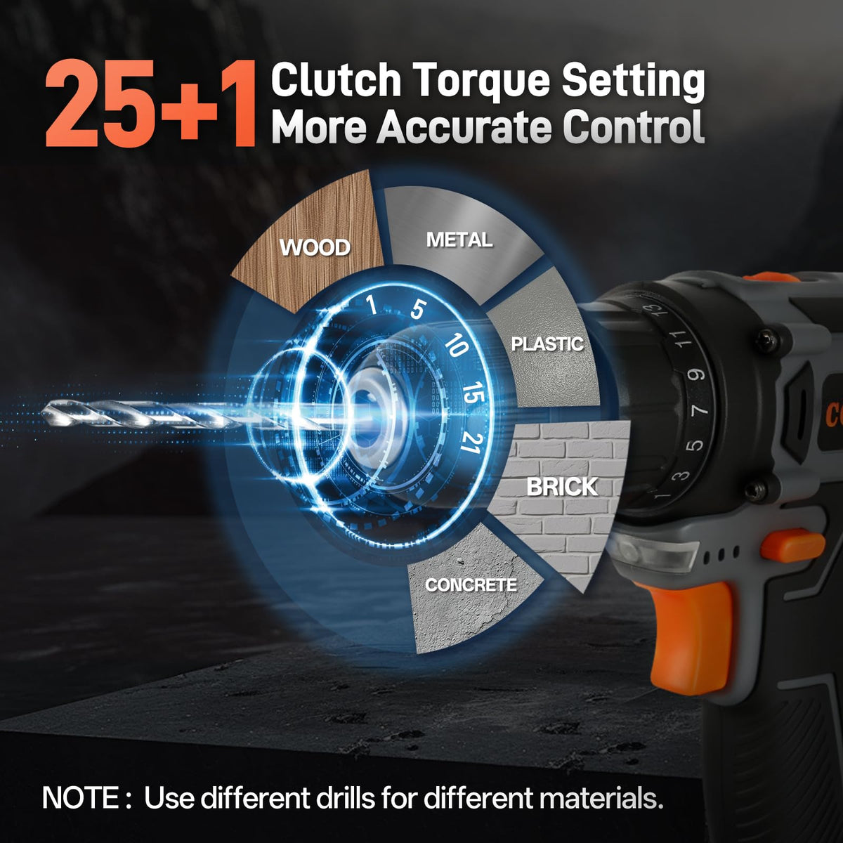 COMOWARE cordless drill set 3/8-inch chuck close-up showing easy bit changes.