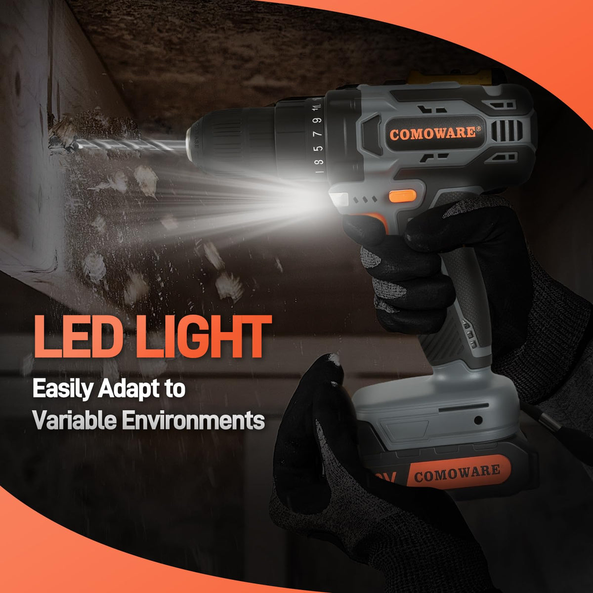 COMOWARE drill with LED work light in action for better visibility.