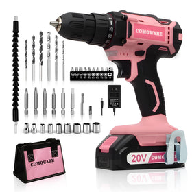 COMOWARE pink cordless drill set in storage bag for organized DIY tasks
