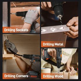 COMOWARE cordless drill with battery and charger on a bright orange toolkit.