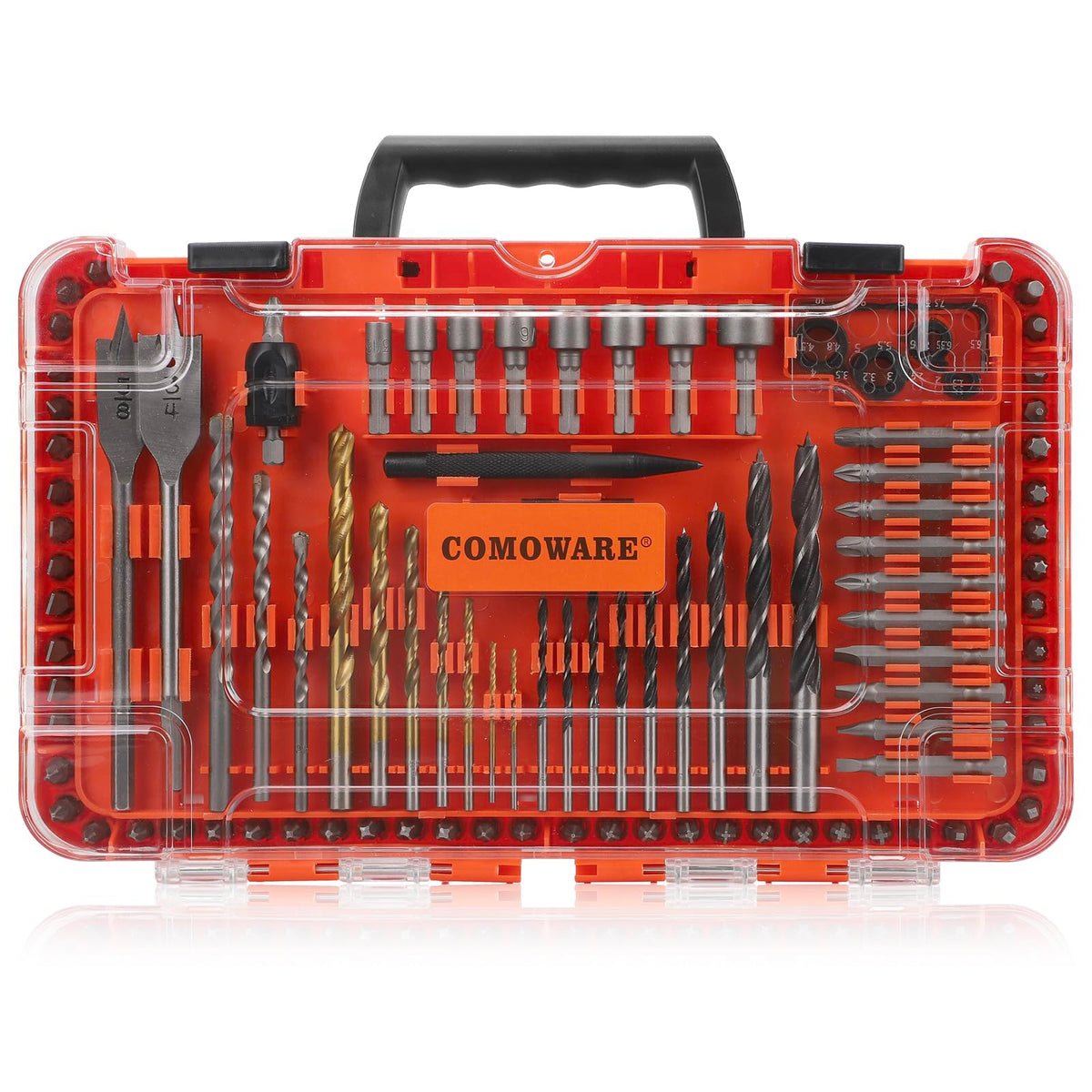 COMOWARE drill bit set in tough case for quick access and organization.