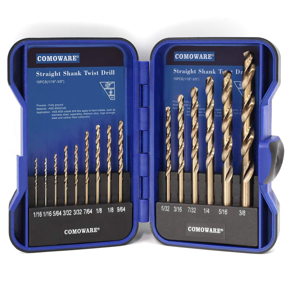 COMOWARE drill bits set in indexed case for quick size selection.
