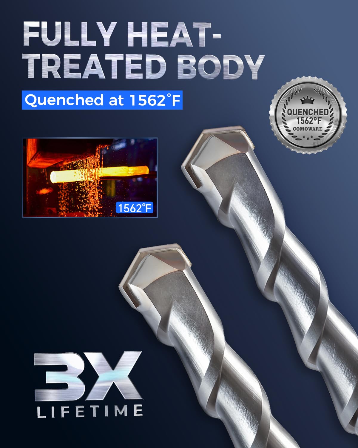 COMOWARE SDS-plus drill bits ready for masonry drilling from 3/16 to 5/8 inch.