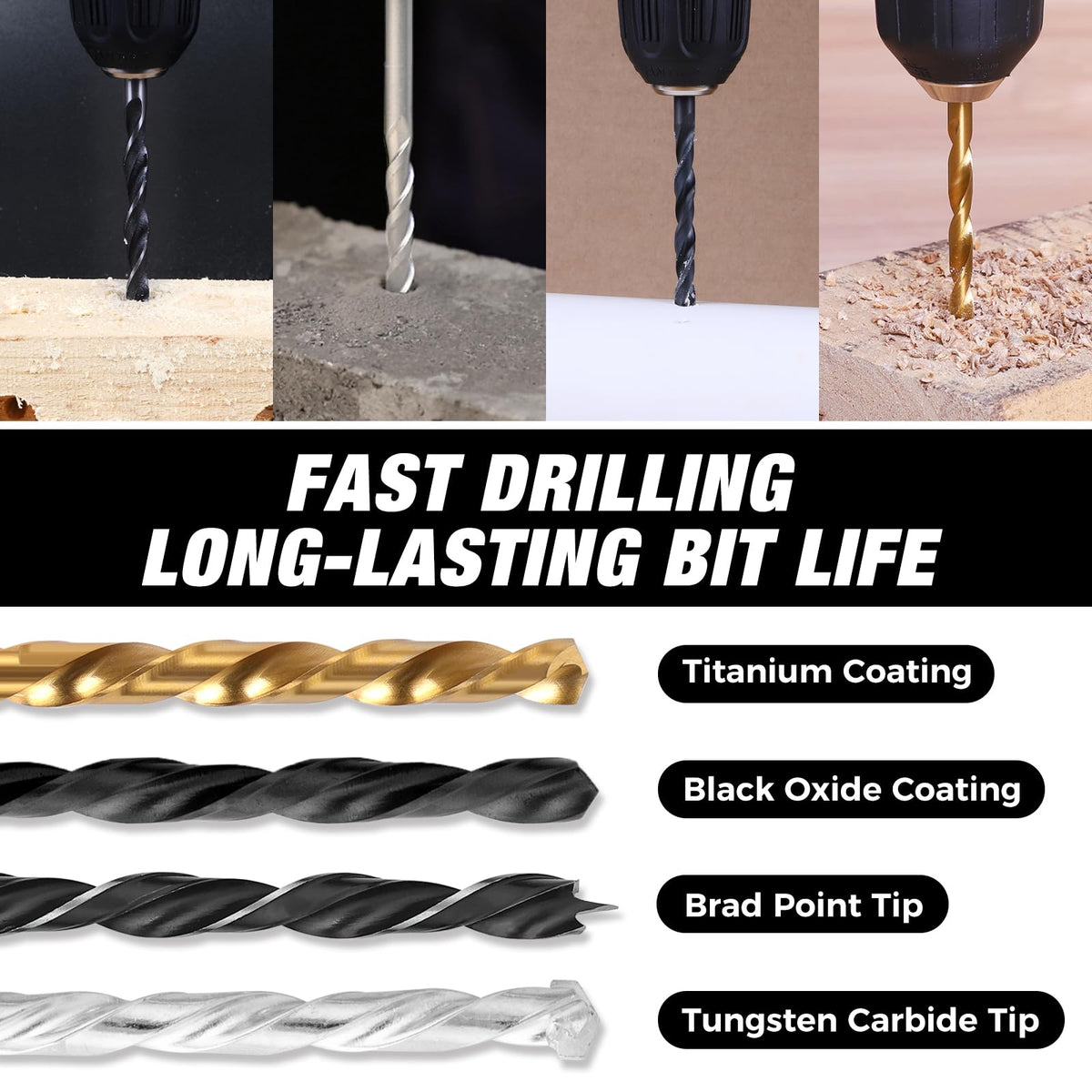 COMOWARE titanium HSS drill bits deliver extra durability for wood and metal.