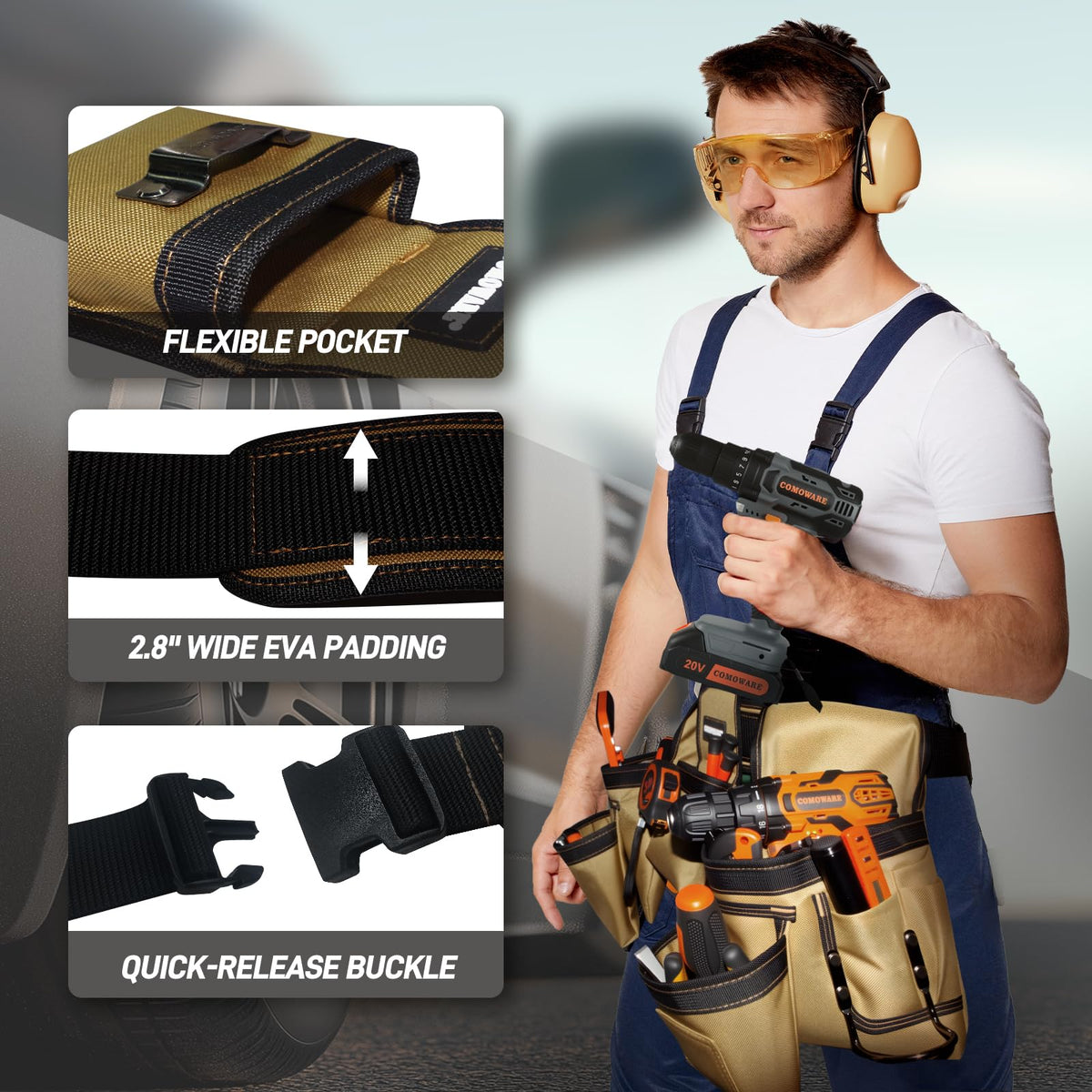 COMOWARE belt with 17 pockets keeps tools neatly organized on site