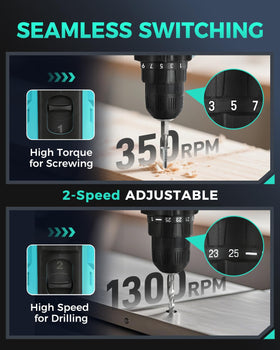 COMOWARE two-speed drill ideal for drilling and screw driving tasks.
