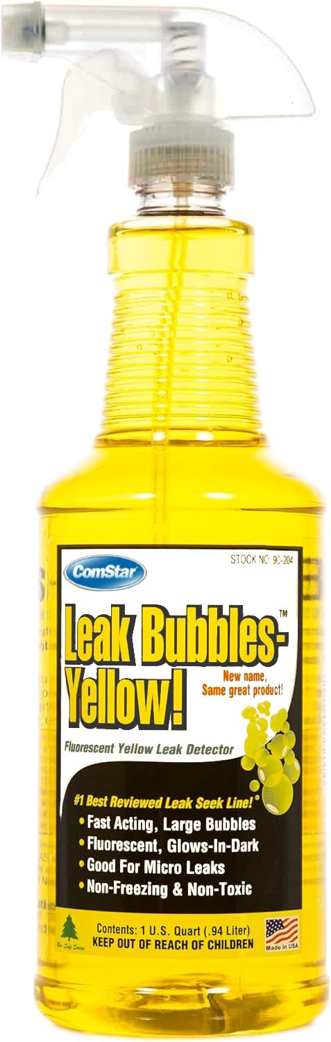 ComStar Leak Bubbles Yellow bottle shows high-visibility bubbles for quick HVAC and gas line leaks.
