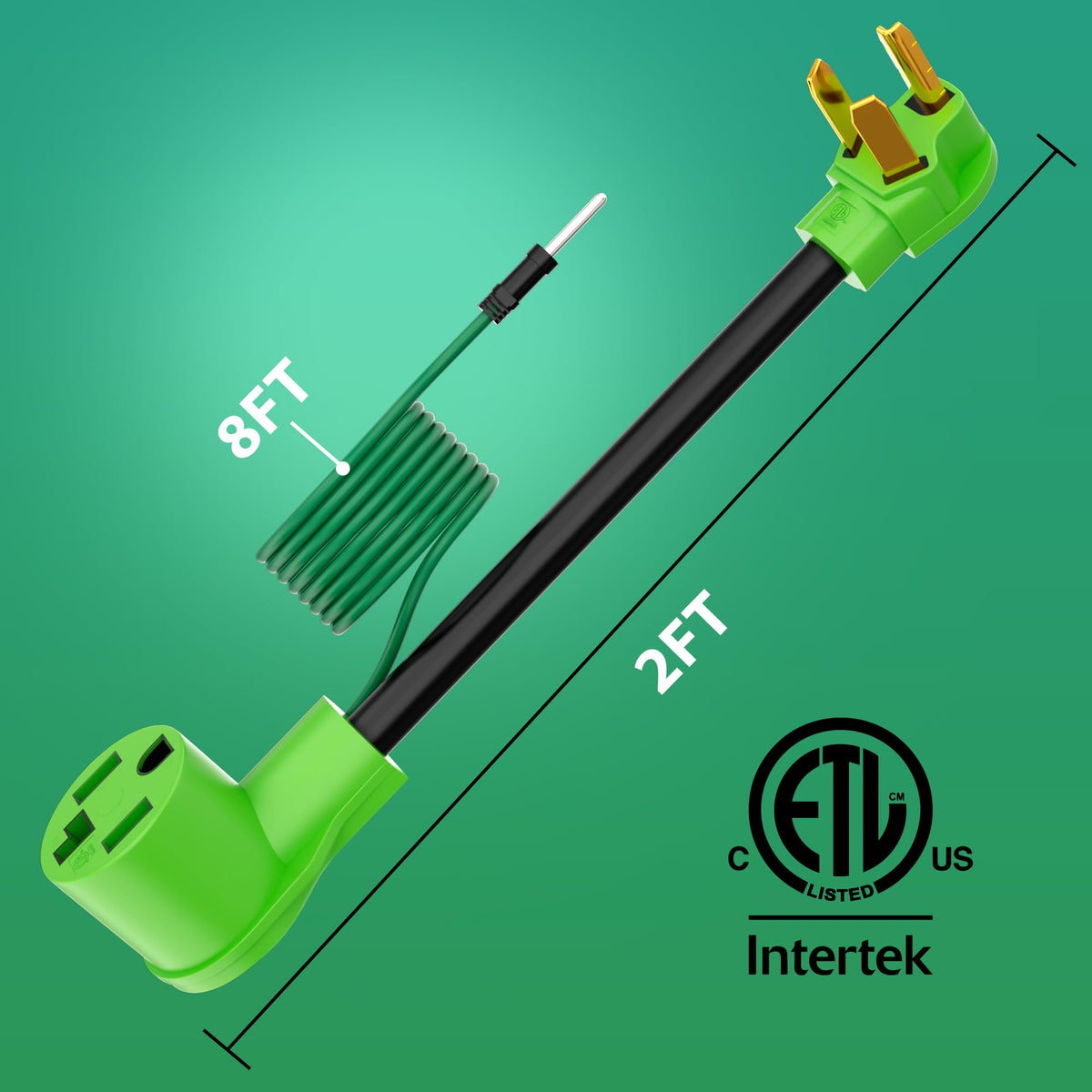 Conable adapter showing NEMA 14-30P to 10-30R connection, enabling dryer compatibility.