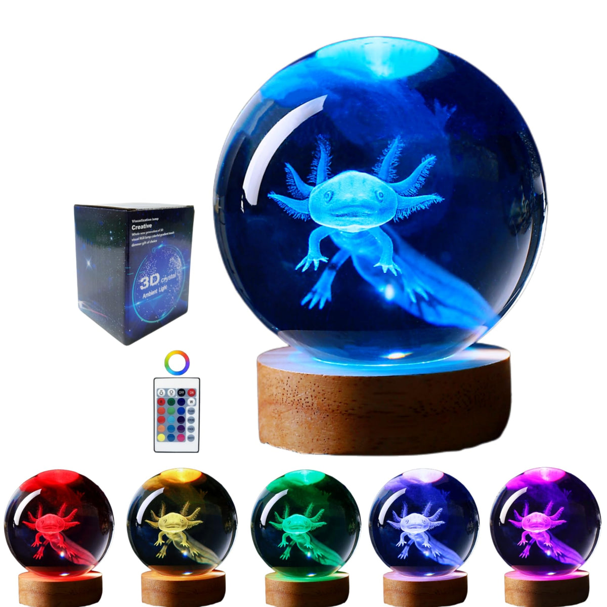 Conalisk axolotl crystal ball lamp with 3D engraving for a lifelike display.