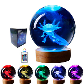 Conalisk axolotl crystal ball lamp with 3D engraving for a lifelike display.