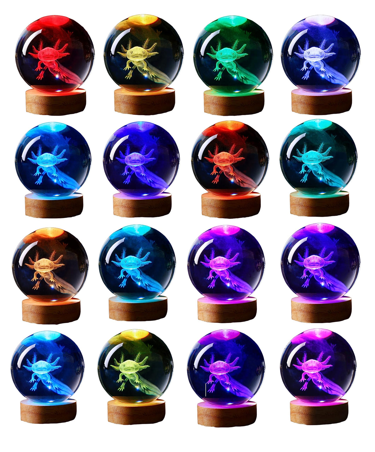 Conalisk axolotl crystal ball on wooden base for stable night glow.