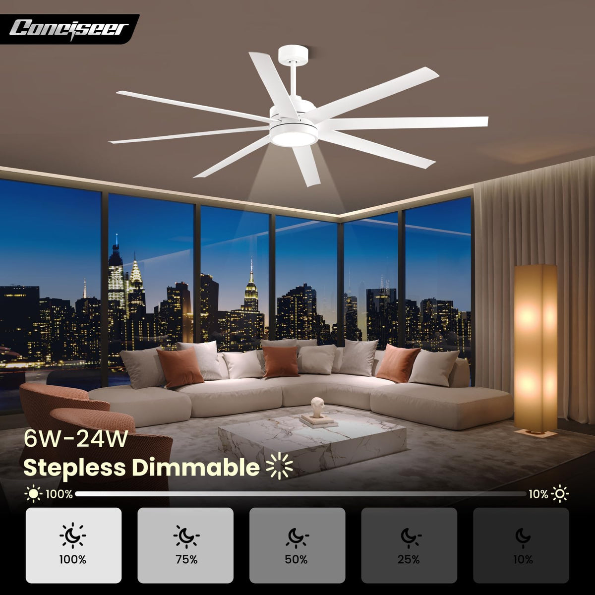 Conciseer 8-blade design delivers strong airflow with low noise