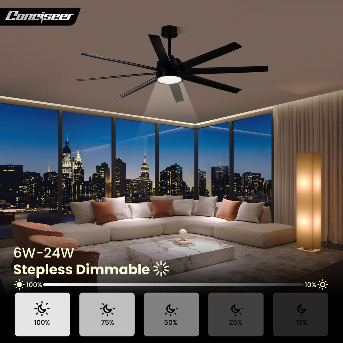 Conciseer eight-blade ceiling fan for balanced air circulation