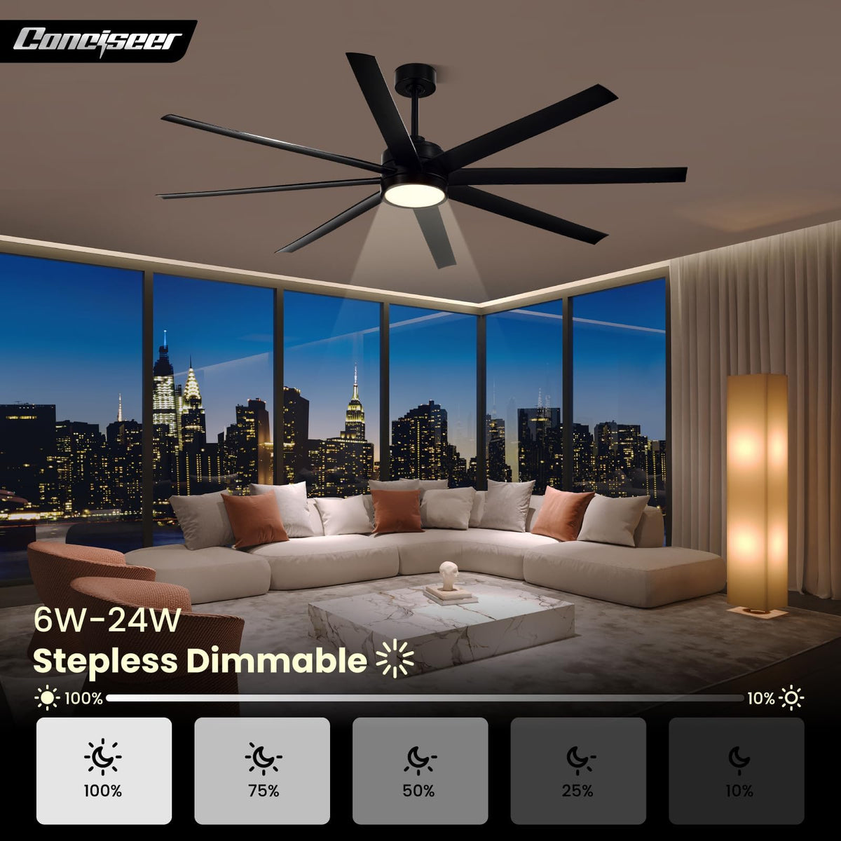 Conciseer eight-blade design creates balanced airflow across spaces.