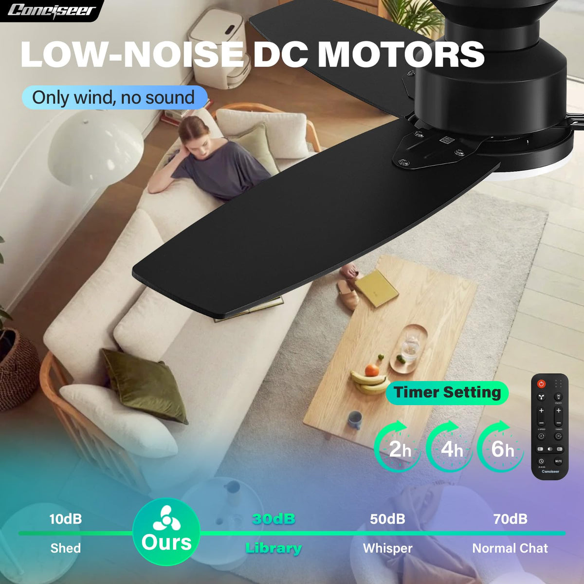 Conciseer flush-mount ceiling fan with ultra-thin profile for a clean look