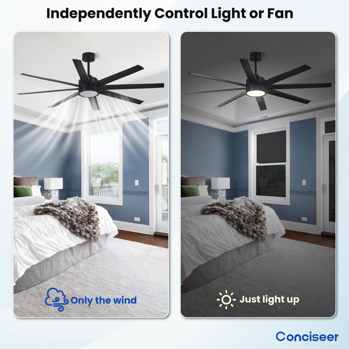 Conciseer indoor/outdoor rated ceiling fan for versatile spaces