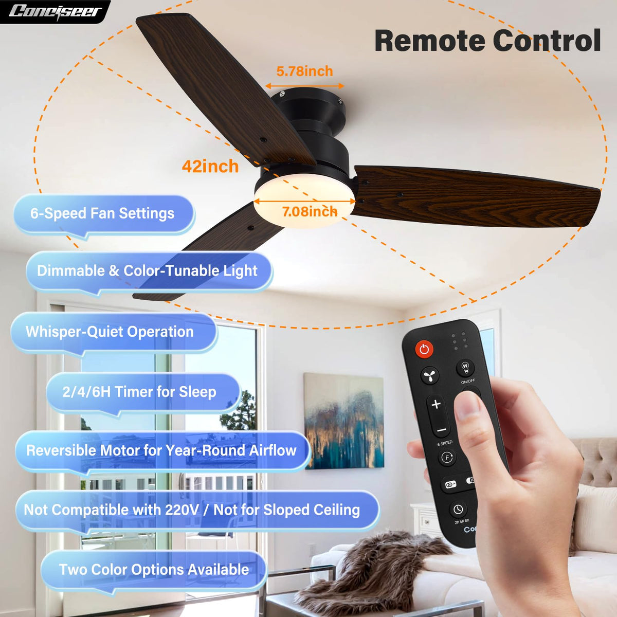 Conciseer remote control with 6 speeds for precise airflow and lighting control