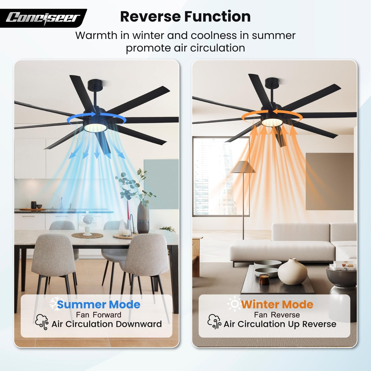 Conciseer slim profile ceiling fan complements modern interiors.