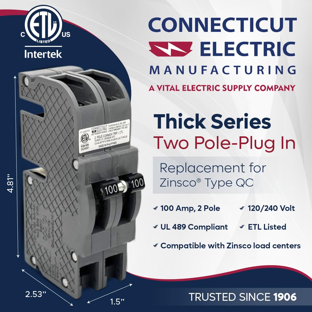 Connecticut Electric QCAL100 compatibility close-up highlights Zinsco replacement readiness.